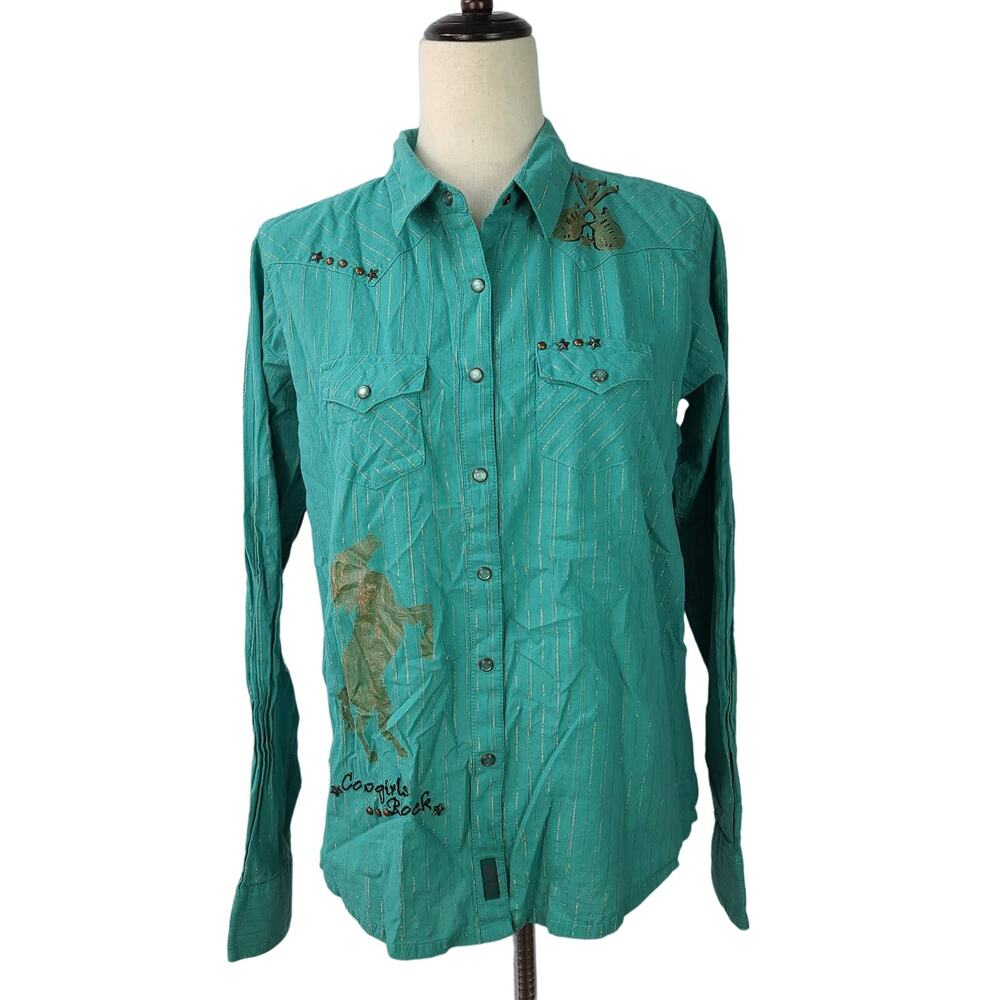 Wrangler Teal Gold Cowgirls Rock Snap Button Vintage Western Shirt Top Large